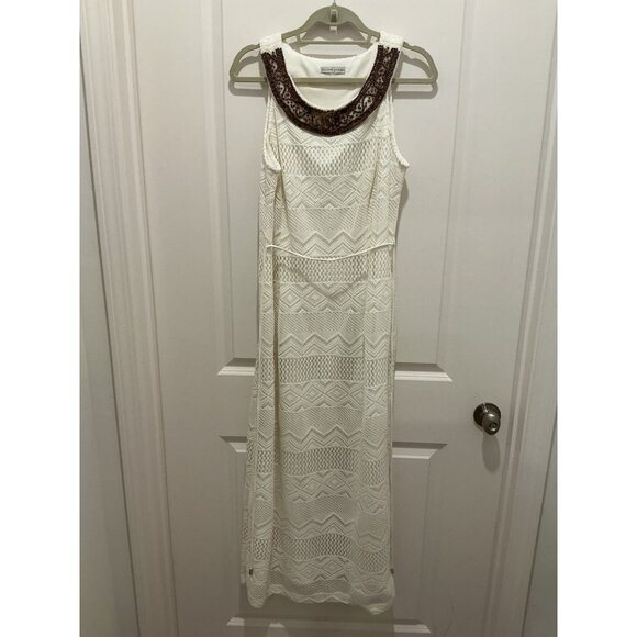 Sandra Darren Maxi Dress See Measurements Off White Beaded Neck Line Lace Lined - Picture 1 of 14